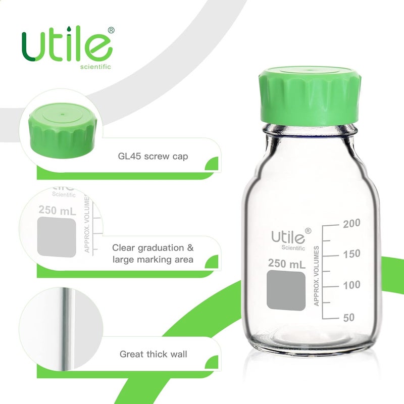UTILE Media Bottle, 3.3 Borosilicate Glass Storage Bottles with GL45 Screw Caps, 4pcs of 250ml(8.45oz) Lab Media Bottles, PP Material Media Storage Bottle, 4038.0250.4 - Image 3